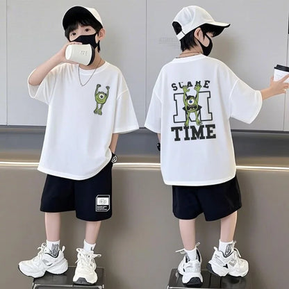 Summer Kids Boys T-Shirt+Shorts 2-Piece Set Printing Children Teen Loose Comfortable Sports Casual Clothes 7-17 Years Old