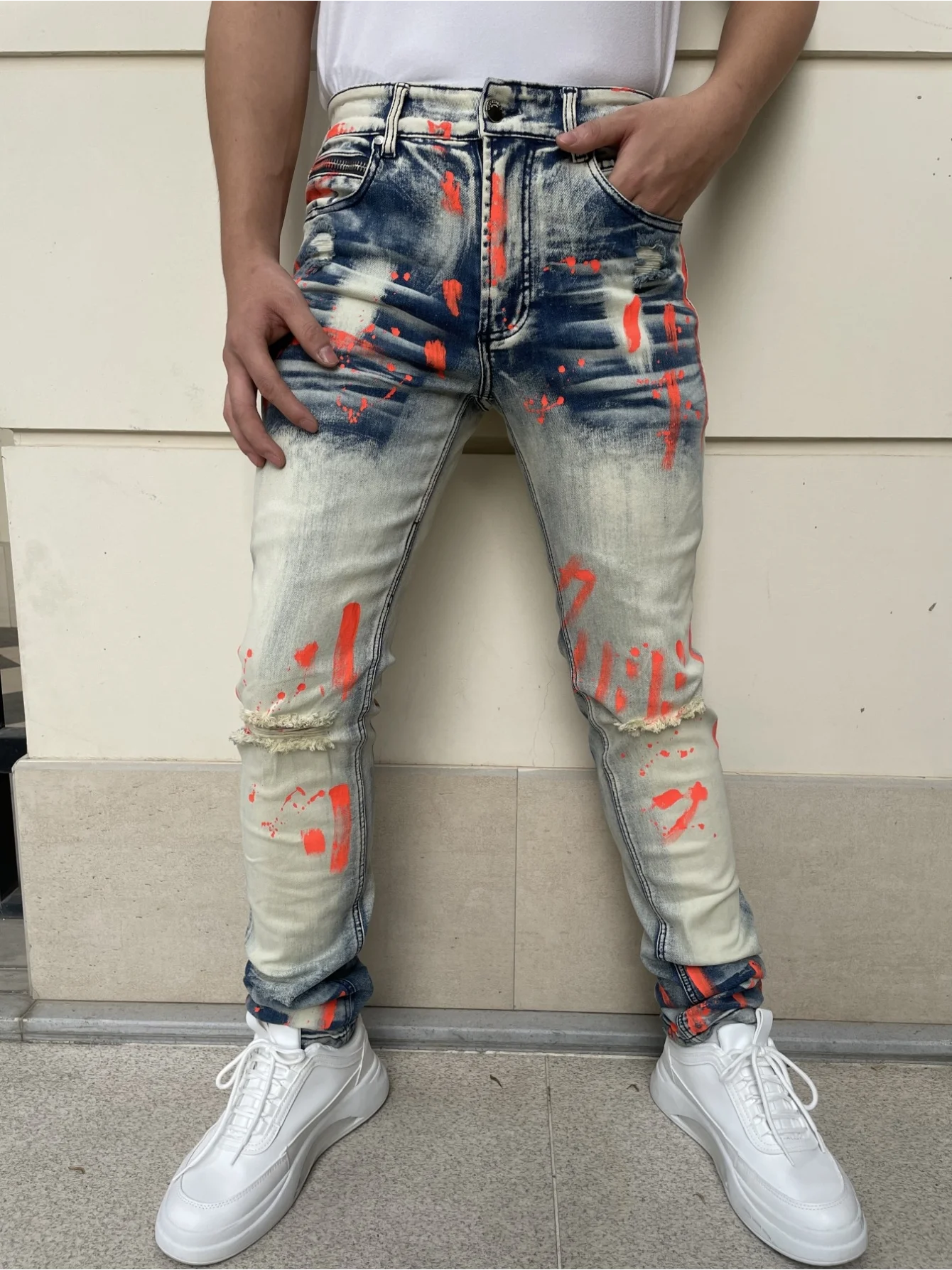 Men's Y2K-Style Denim Pants With Hand Drawn Colorful Tear Stop Pattern Design  Best Selling Product  Free Shipping Included