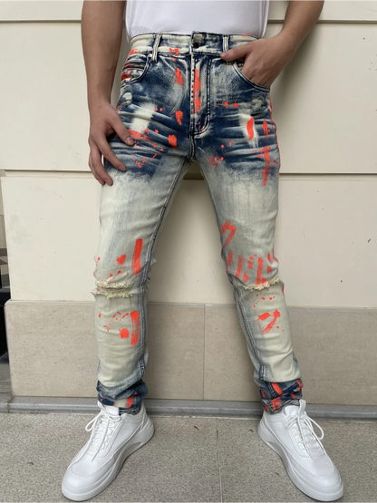 Men's Y2K-Style Denim Pants With Hand Drawn Colorful Tear Stop Pattern Design  Best Selling Product  Free Shipping Included