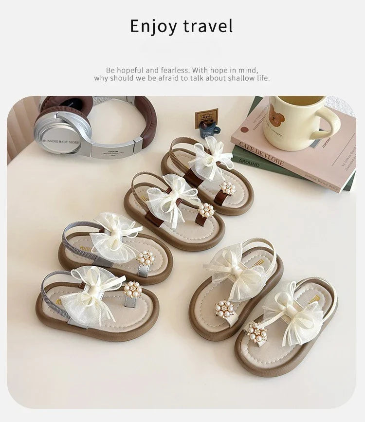 Brand Designer Ribbons Sandals for Girls Beaded Flip Flop Evening Party Dress Shoes Tulle Bow-tie Child Shoes Girl Sandal I06034