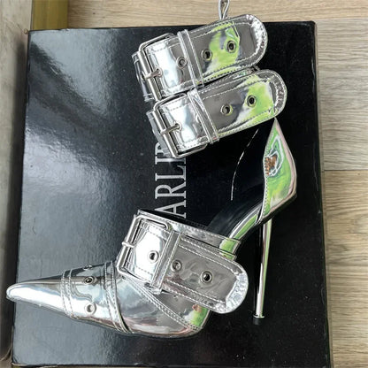 Denim Metal Rivet Buckle Silver Sandals Women's Sexy Punk Style Pointed Metal Hollow 12cm High Heels Size 34-43 Womens Shoes