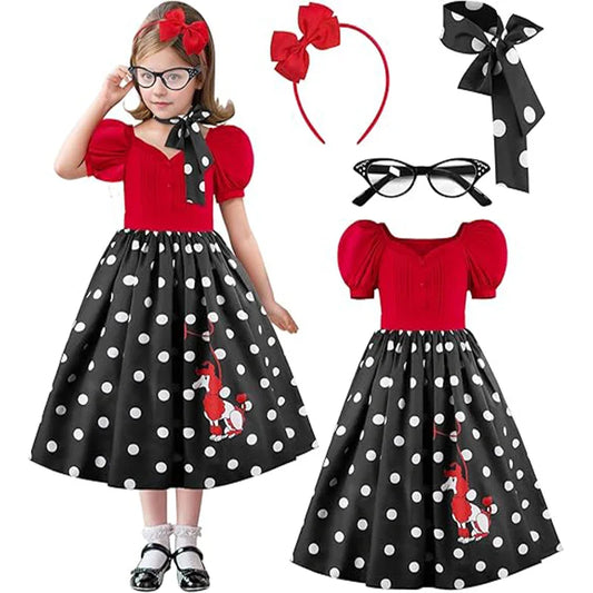 Girls Party Dresses Summer Dress Poodle Print Polka Dot Vintage Dress With Scarf Outfit Girls Casual Summer Dresses Birthday
