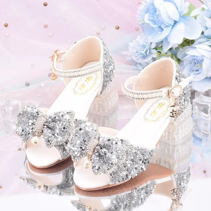 2025 Summer Girls' Princess Shoes Fashion Sequin Bow Soft Bottom Children's Sandals Girls' Performance Pearl Crystal High Heels