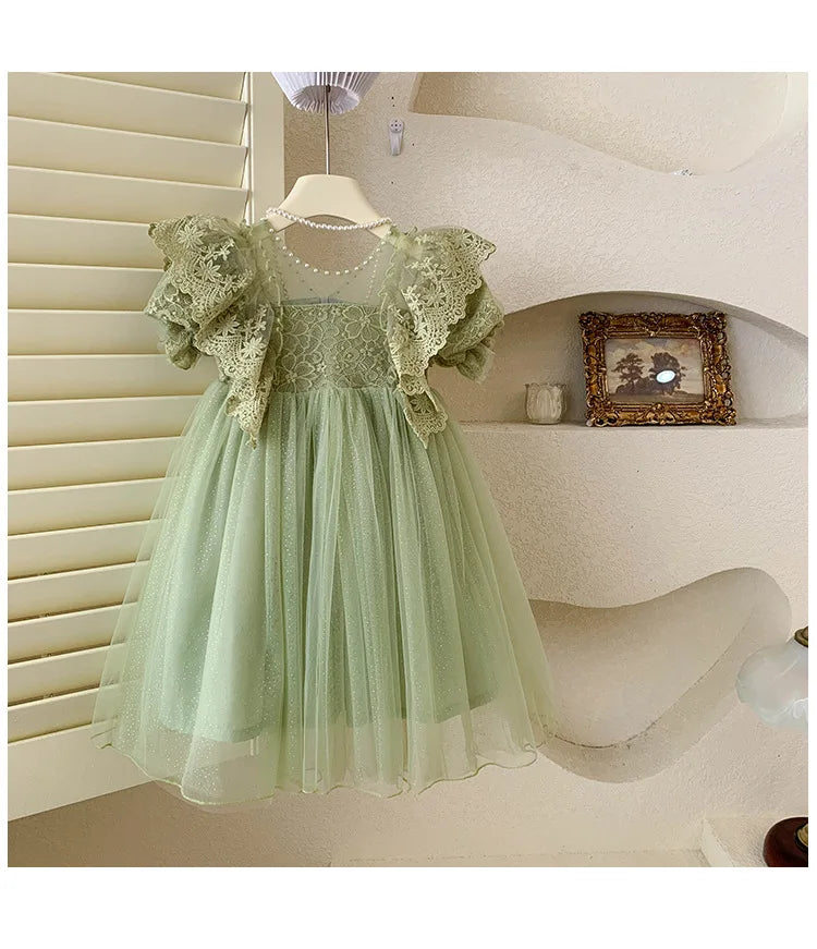 Kid Girl Elegant Light Green Dress for Children Intricate Lace Flutter Sleeves and Voluminous Sparkling Tulle Skirt Summer