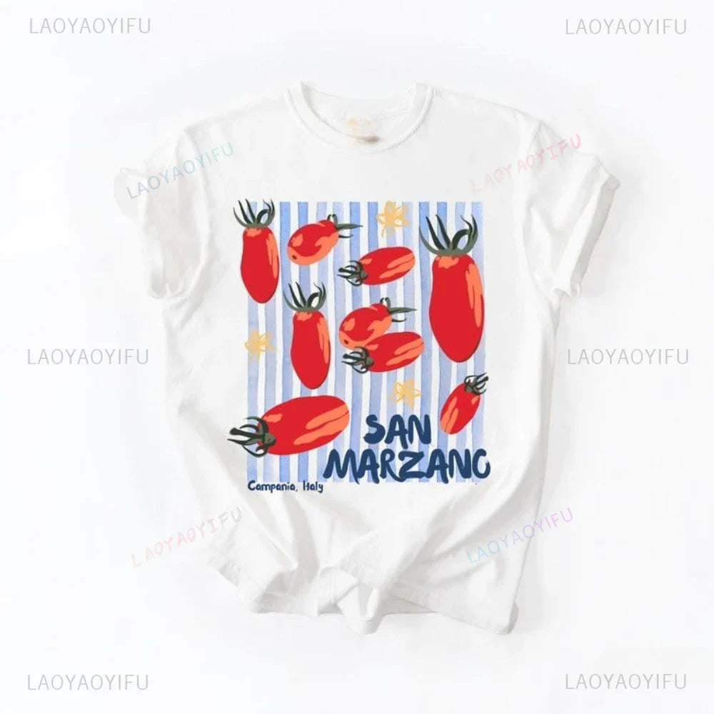 Vintage Italian Tomato Cotton Graphic Tshirt Summer Shirt Women Top Italy Vacation Aesthetic Tomato Girl Market Style
