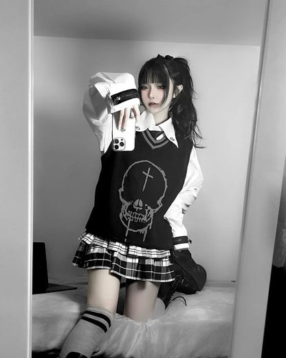 Japanese Harajuku Punk College Style Plaid Cake Ultra Short Skirt Subculture Y2k Girl Autumn High Waist Mini Skirt with Waistbag