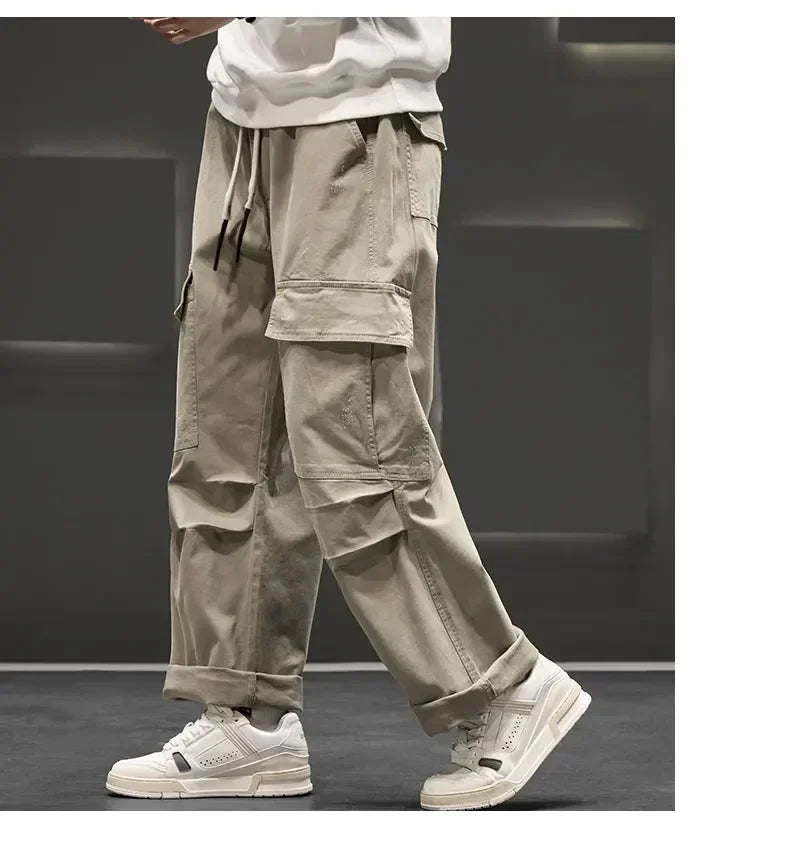 Autumn New Wide Leg Pocket Cargo Pants Men Trousers Neutral Loose Casual Cotton Straight Outdoor Fashion Pants Big Size 8xl