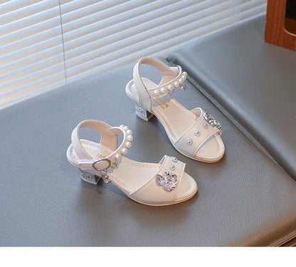Girls Shiny Rhinestone Flowers Leather Sandals 2026 New Summer Toddler Strappy Sandals Hight Heel Soft Sole Princess Style Shoes