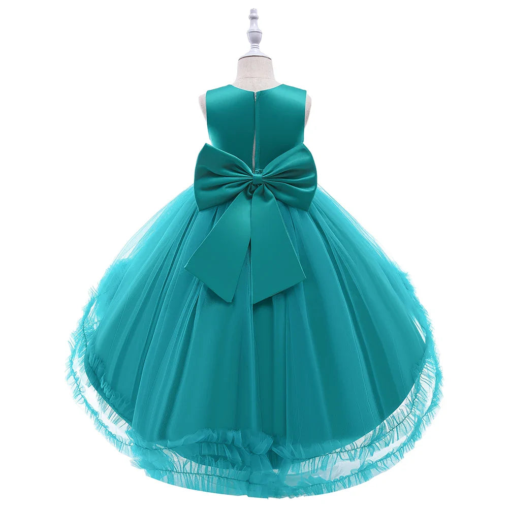 Elegant Trailing Flower Party Girls Dress Summer Wedding Bridesmaid Princess Prom Dress Girl Tull Bow Birthday Evening Ball Gown