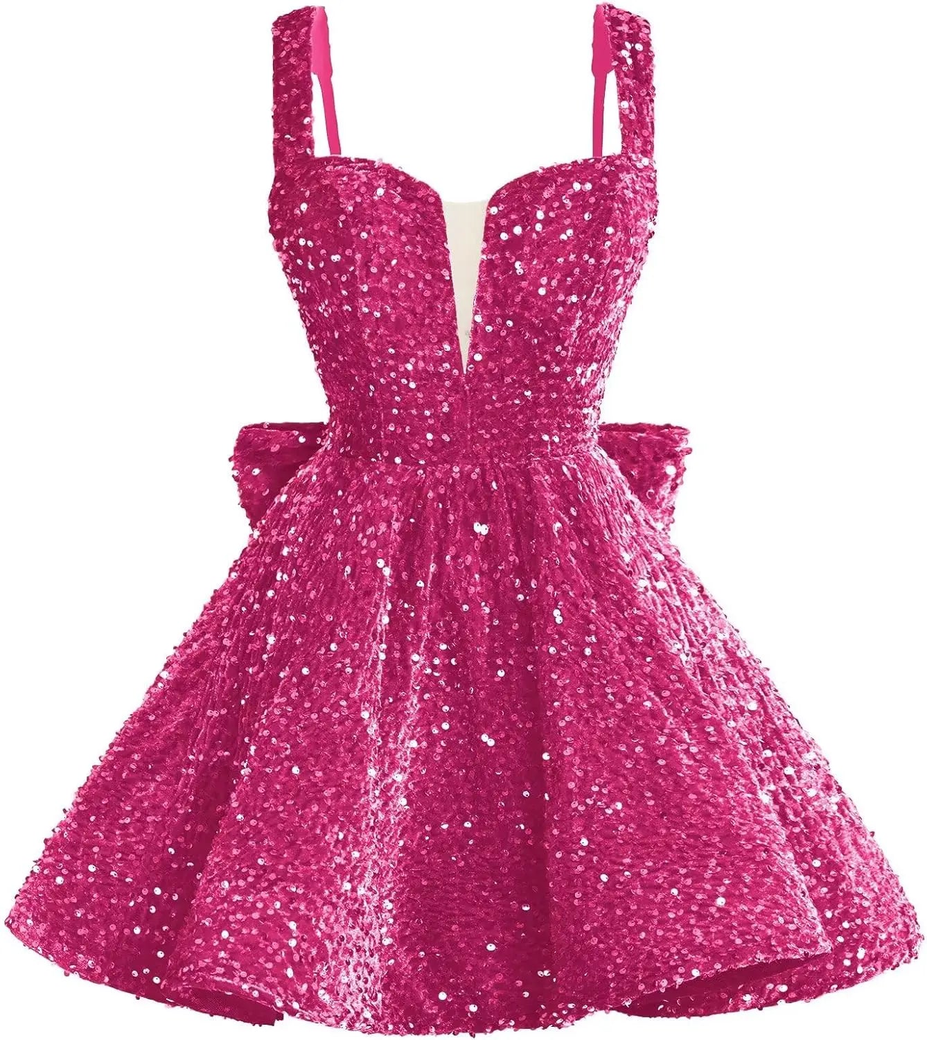 Sparkly Sequin Homecoming Dresses 2026 Short Spaghetti Straps V Neck Cocktail Party Gowns with Bow  Mini Dress Graduation Dress