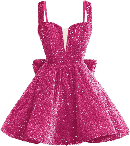 Sparkly Sequin Homecoming Dresses 2026 Short Spaghetti Straps V Neck Cocktail Party Gowns with Bow  Mini Dress Graduation Dress