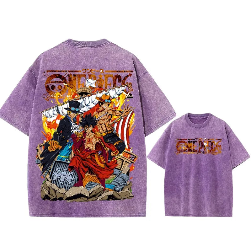 Summer Men's Washes T-shirts Japanese Anime ONE PIECE Buggy Graphic Clothing Harajuku Y2K Oversized 100% Cotton Half-sleeve Tops