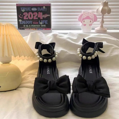 Girls Sandals Pearl Bow Princess Shoes 2026 Summer New Children's Beach Shoes Girls Soft Sole Sandals