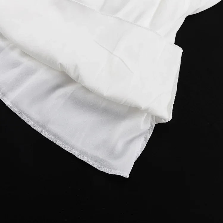 White Ruffle Bandage Mini Dress Women's Elegant Patchwork Long Sleeve Dress New Slim V Neck Lace Up Summer Mini Dress