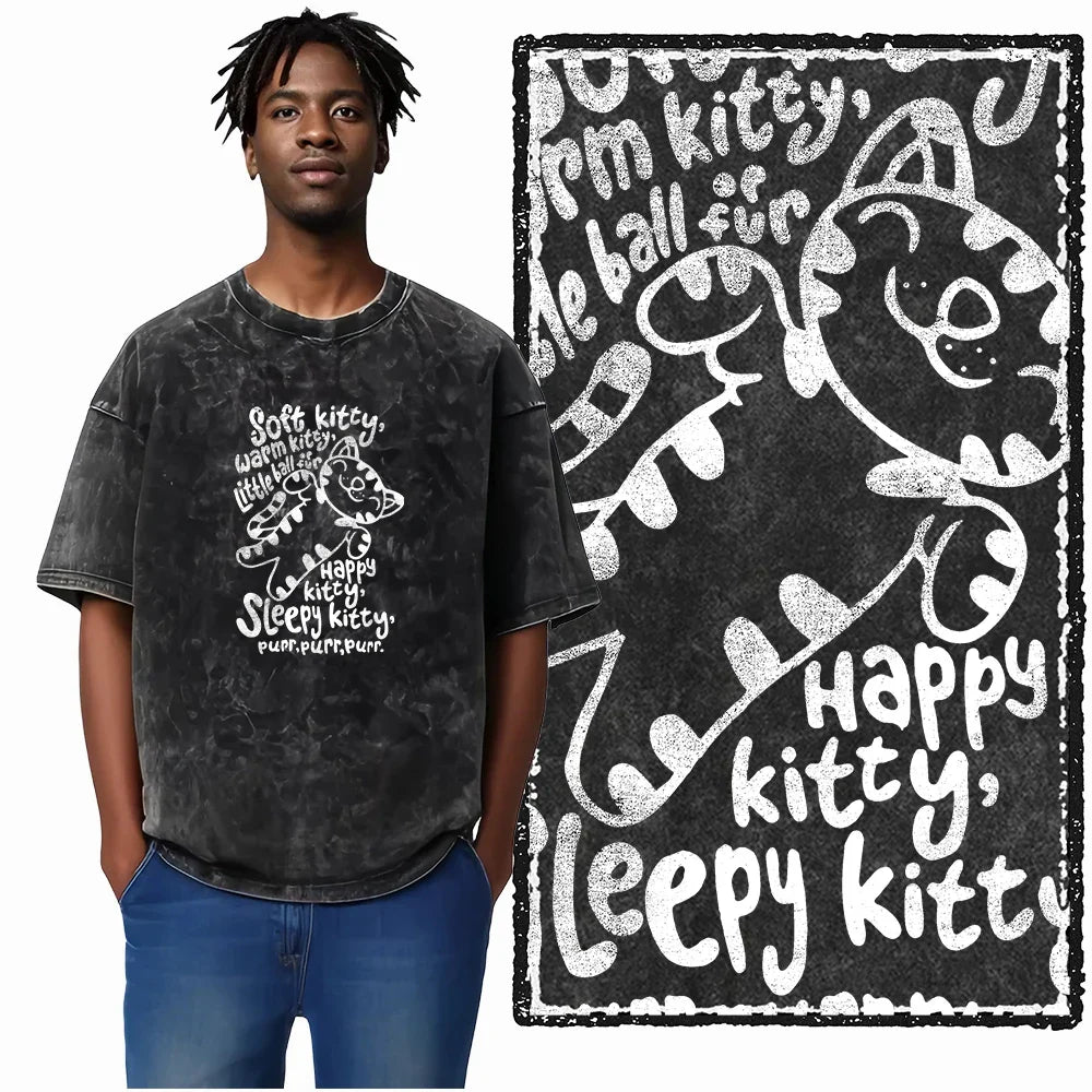 cat Printed Cotton Acid Washed Exclusive Graphic Unisex T Shirt Cool Streetwear Men Tshirts Big Size Tee for men