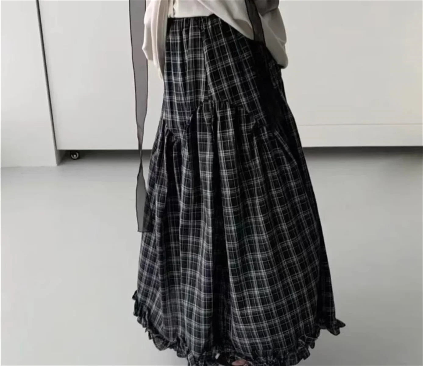 Retro Black Plaid High Waist A-Line Midi Skirt Women's Summer New Korean Fashion Maxi Skirt Lace Trim Umbrella Skirt Streetwear