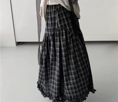 Retro Black Plaid High Waist A-Line Midi Skirt Women's Summer New Korean Fashion Maxi Skirt Lace Trim Umbrella Skirt Streetwear