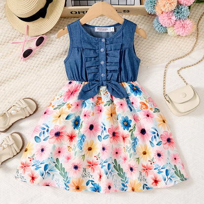 New Summer Children Dresses With Bow Print Casual Dress Outdoor Carnival Birthday Party Girl Clothes Cute Girl Skirt 2-10Y
