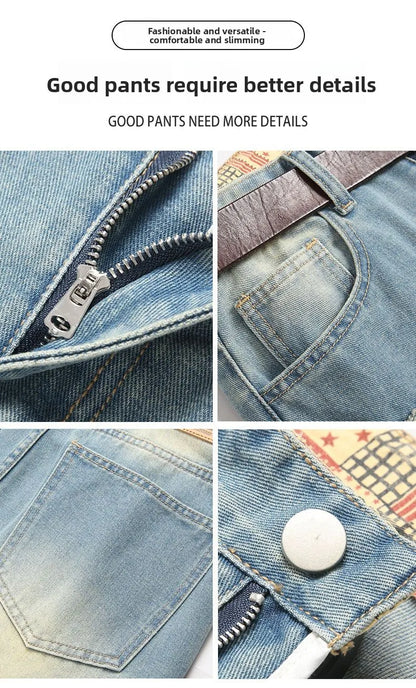 Autumn Men's New Light Blue Slim Fit Jeans Men's Ripped Loose Jeans Elastic Hole Versatile High Street Denim Pants Retro Washed