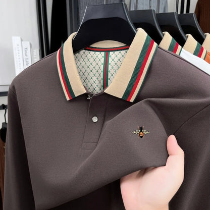 High end men's long sleeved polo shirt autumn fashion brand bee embroidery new business and casual color blocked lapel T-shirt