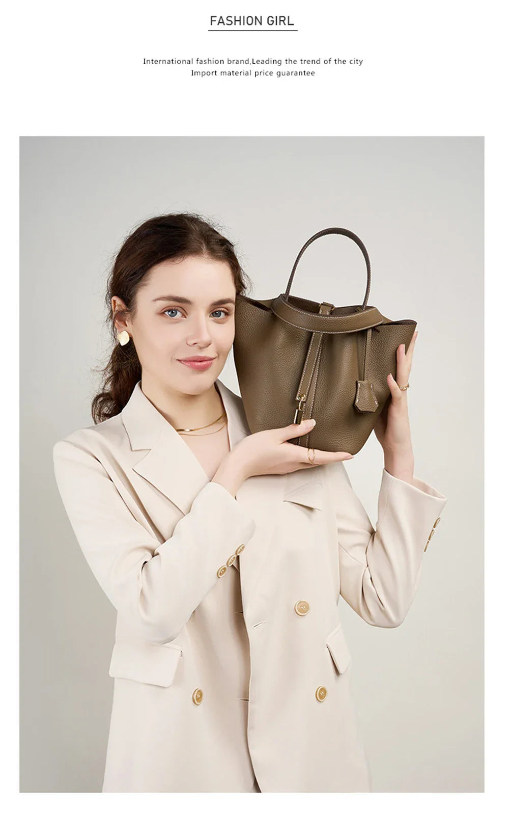 2025 Casual Fashion Female Genuine Leather Bucket Bag Luxury Handbag High-End Tote Bag Woman Cow Leather Mommy Bag & Metal Lock