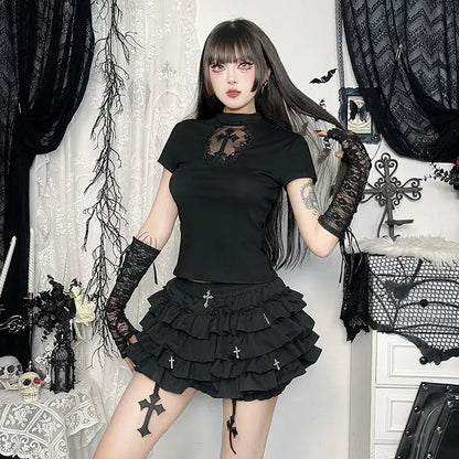 2026 Summer New Arrival Hot Girl Trendy Versatile Mini Skirt Dark Cross DesignTiered Cake Black Fluffy Skirts