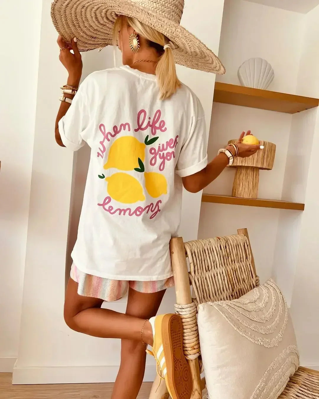 Camiseta feminina americana com estampa de limão, casual e elegante, estilo streetwear Ins, gótica, de algodão, oversized, Y2k, top para casal