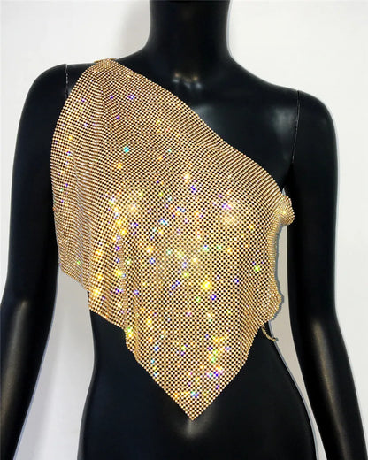 Shiny Rhinestone Metal Camisole For Women Sexy Backless Single shoulder Side Split Tank Tops Cocktail Party Club Crop Top Y2K