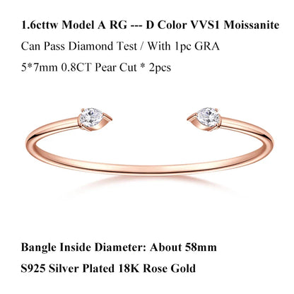 2-Stone 0.8ct Pear Cut Moissanite Cuff Bangle 925 Silver Open Hand Chain Bracelet Adjustable Diamond Jewelry For Women Gift