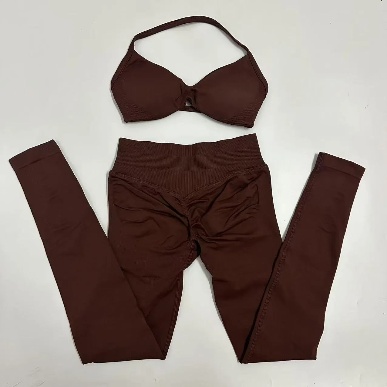 2pcs Seamless Yoga Set Women Yoga Scrunch Leggings Set Strappy Halter Sports Bra Fitness Gym Clothing Workout Set