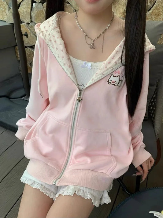 Moletom com capuz verde Y2K com estampa floral de gato Kawaii com zíper, jaqueta fina rosa, roupas de primavera e outono, streetwear fofo