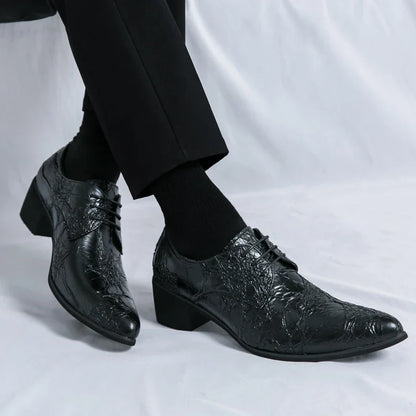 Men High Heeled Lace Up Derby Shoes PU Embossed Fashionable  Comfortable Business Formal Banquet Men Shoes