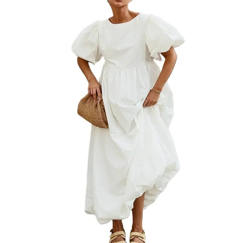 2026 Women Summer Puff Sleeve Bohemain White Long Dress High Waist Loose Style Cotton Boho Maxi Dress Vestidos Clothes