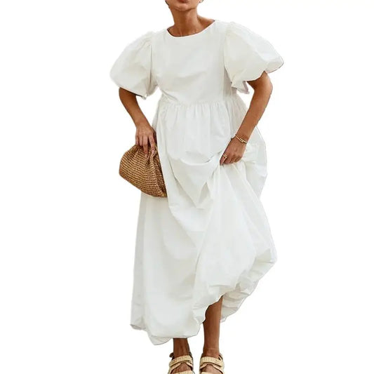 2026 Women Summer Puff Sleeve Bohemain White Long Dress High Waist Loose Style Cotton Boho Maxi Dress Vestidos Clothes