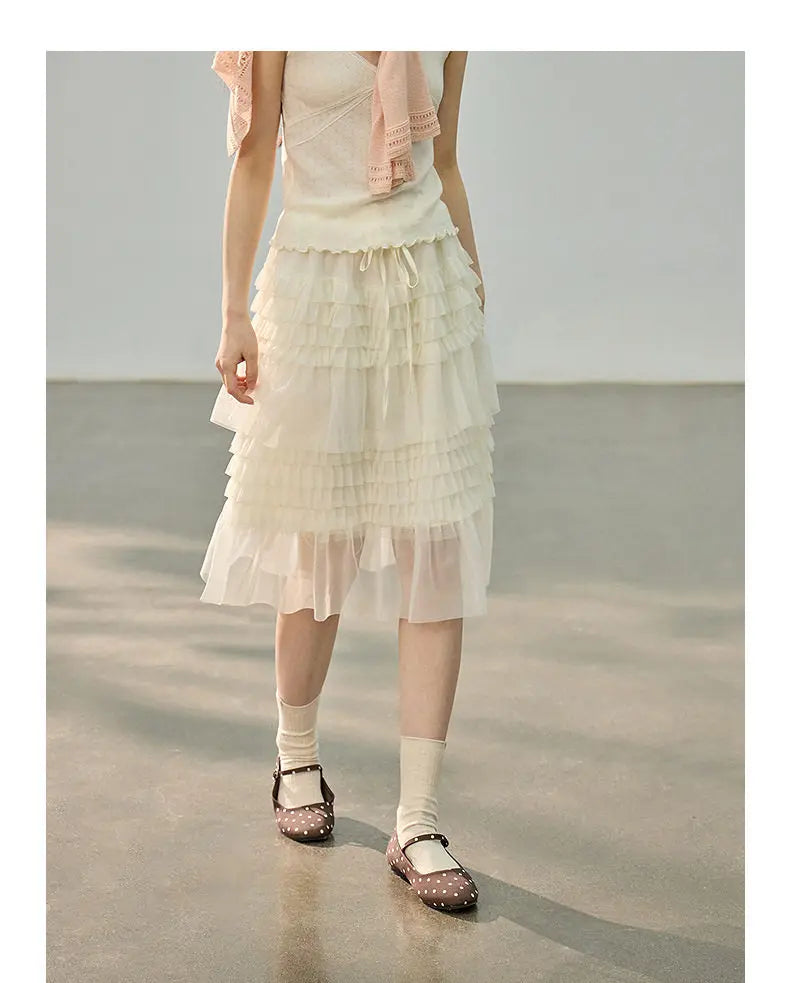 Korean Style Lace Elastic Waist Cake Skirt Mesh Puffy Skirt Women's Dress Knee Length Casual A-Line Skirt Micro Stretch No Slit