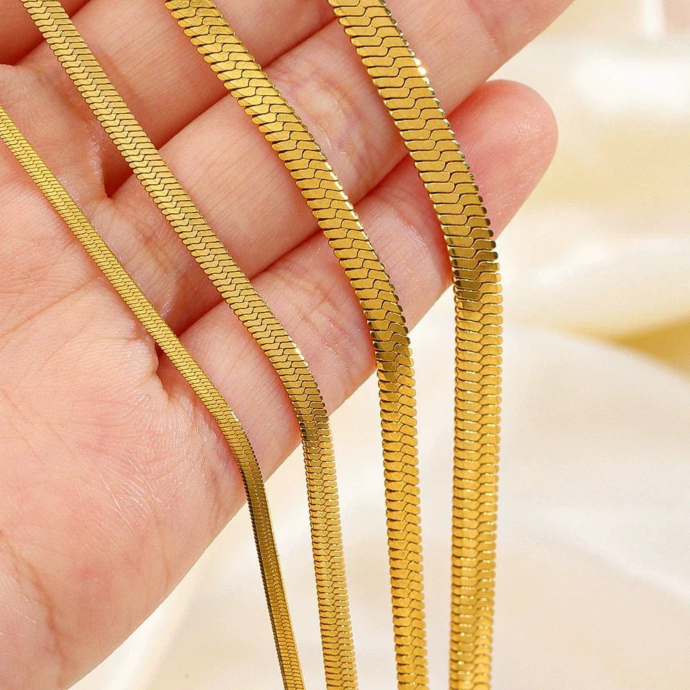 Gold Color Stainless Steel Necklaces For Unisex Waterproof Filmy Snake Chain Herringbone Choker Men Necklace Women Jewelry Gift