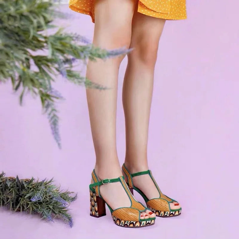 Genuine Leather Shoes High Heels Women Luxury Platform Sandals Thick Heels Designer Square Ladies 36-44