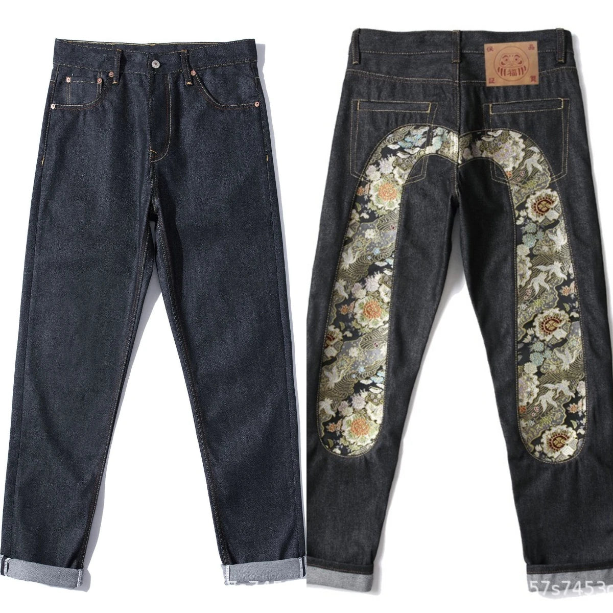 Men's Japanese Handmade Embroidered Jeans Pure Cotton Straight Tube Hip-Hop Popular Slim Red Ears Show Thin Trousers Devil Black