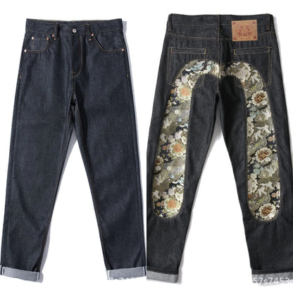 Men's Japanese Handmade Embroidered Jeans Pure Cotton Straight Tube Hip-Hop Popular Slim Red Ears Show Thin Trousers Devil Black