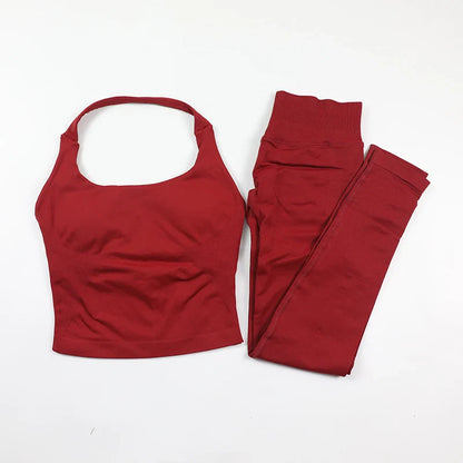 Seamless Gym Set Women Workout Clothes Low Waist Scrunch Yoga Leggings Sets Padded Halter Tank Top 2 Piece Sports Suits