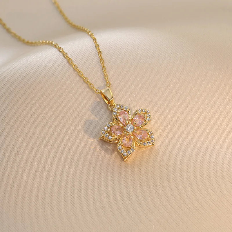 316L Stainless Steel Gold Plated Romantic Rotatable Flower Zirconia Pendant Necklace For Women Girls Charm Luxury Jewelry