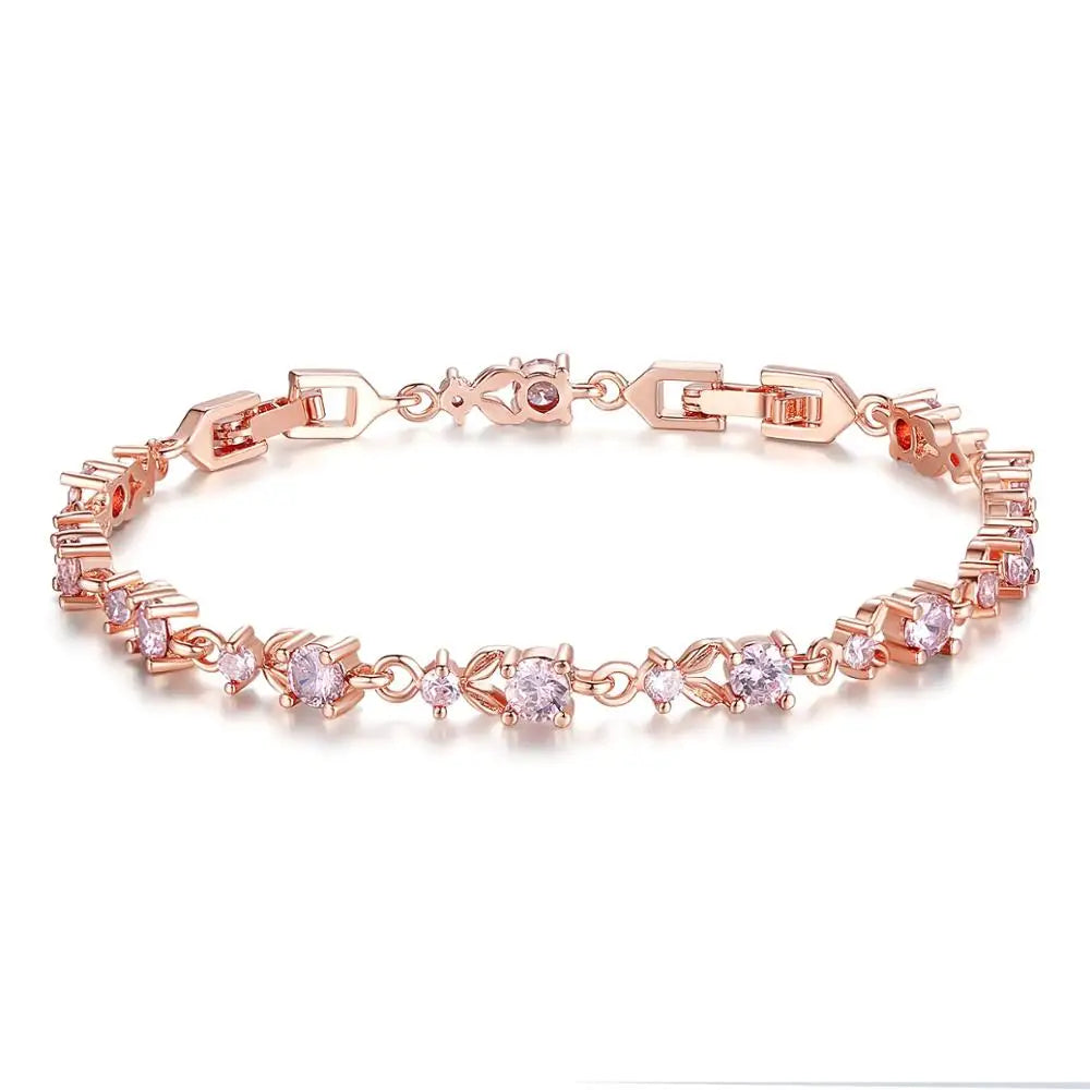 Luxury Rose Gold Color Chain Link Bracelet for Women Ladies Shining AAA Cubic Zircon Crystal Jewelry JIB013