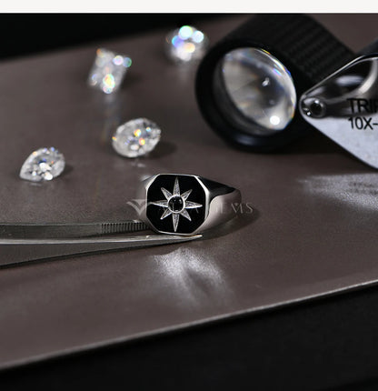 Vintage 8-Pointed Star Signet Ring for Men S925 Sterling Silver Black Spinel Women Rings Punk Jewelry Gifts for party