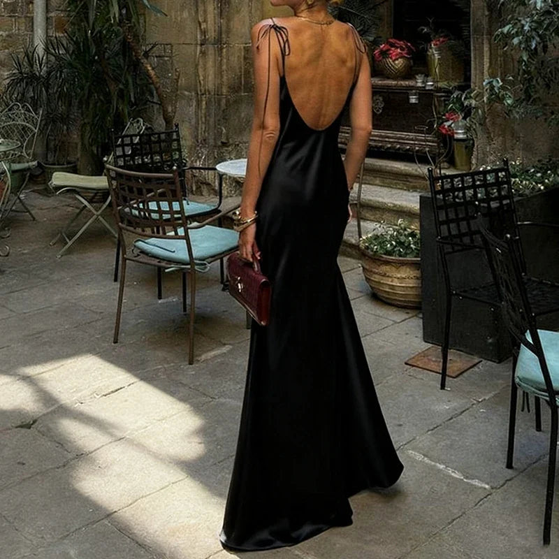 Original Women's Satin Champagne Dress Sleeveless Sexy Backless Evening Dresses Guest Elegant Bridesmaid Long Evening Gown