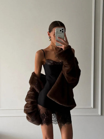 Solid Patchwork Lace Dresses For Women Fashion Sexy Straps Sleeveless V-Neck Sheath Sheer Mini Vestidos Robes Female Slim Fit
