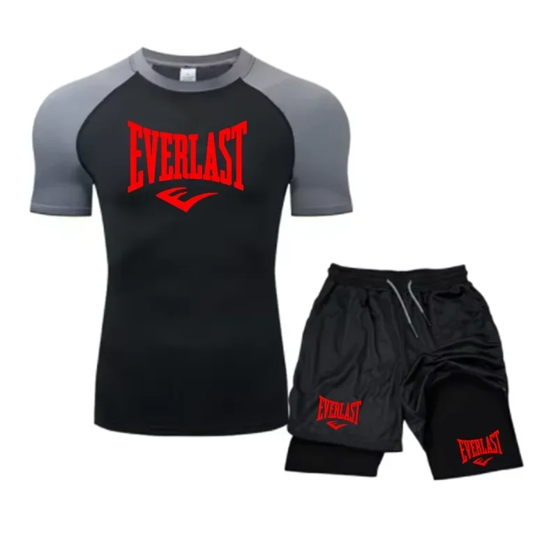 Men's Compress Shirt + 2-in-1 sports shorts 2pcs Set Leisure Breath Short Sleeve Sport Jogging Gym Brand Print Clothing