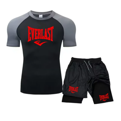Men's Compress Shirt + 2-in-1 sports shorts 2pcs Set Leisure Breath Short Sleeve Sport Jogging Gym Brand Print Clothing