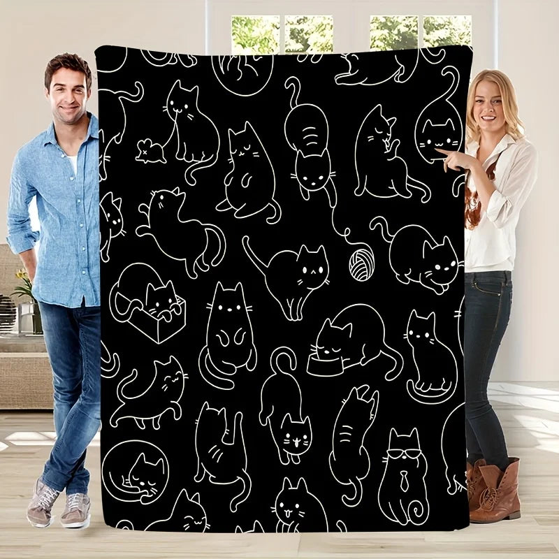 Cute Black White Kitten Flannel Blanket - Soft Warm All-Season Throw for Sofa/Bed/Office/Travel, Fashionable Gift for Cat Lovers