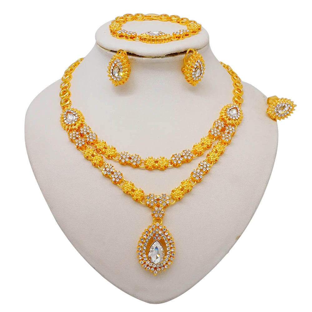 Women Gold Color Jewelry Sets Blue Pendant Necklace Earrings Bracelet Ring Sets Party Gifts