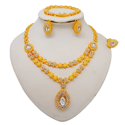 Women Gold Color Jewelry Sets Blue Pendant Necklace Earrings Bracelet Ring Sets Party Gifts
